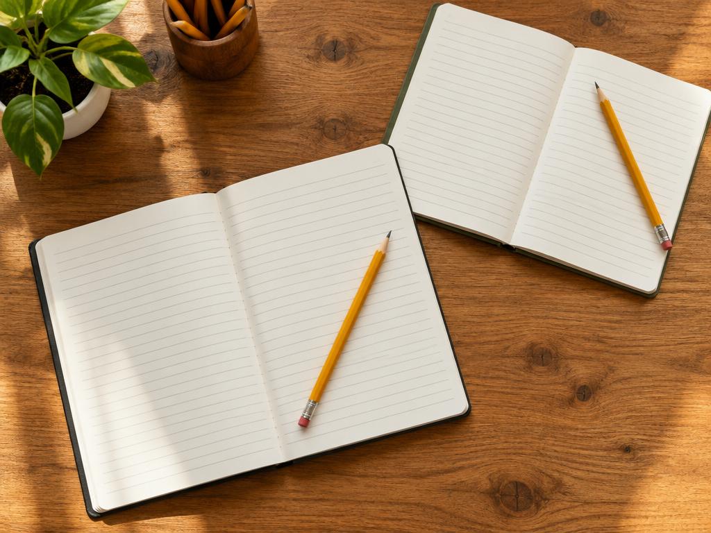 Cadernos abertos e lápis sobre uma mesa